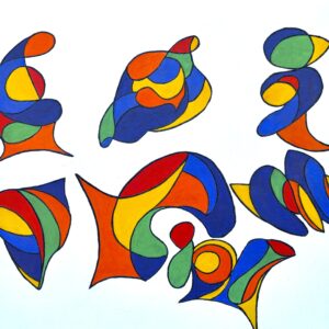 amour des meres huile sur toile de Dominique Joyeux, 80 x 100 cm, sept silhouettes colorees enroulees sur fond blanc