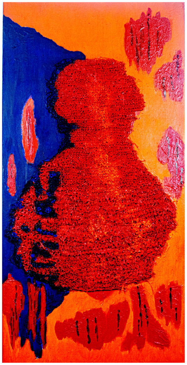 UN COEUR FRAGILE HUILE SUR RAPHIA TRICOTE MAROUFLE SUR TOILE 100/50