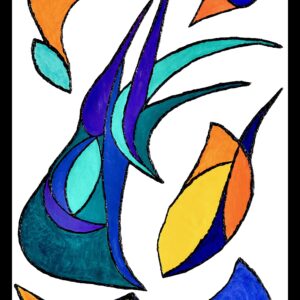 Valse marine, peinture abstraite de Dominique Joyeux, huile sur toile 100x65 cm, éclats de bleu, turquoise, orange et jaune cernés de noir